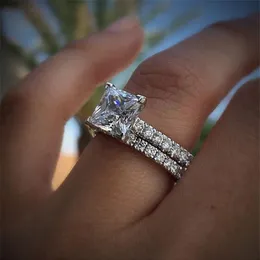 2019 Couple Anneaux De Luxe Bijoux 925 En Argent Sterling Princesse Coupe Blanc Topaze CZ Diamant Pierres Précieuses Fête Femmes De Mariage De Mariée Ring2135