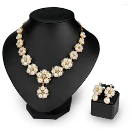 Necklace Earrings Set Women Earring Faux Pearl Flower Rhinestone Elegant Hypoallergenic Dangle Wedding Jewelry Gift