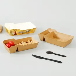 Take Out Containers 50pcs Disposable Kraft Paper Food Serving Tray Two Grids Snack French Fries Chicken Salad Carton For Party