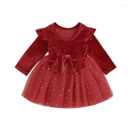 Flickklänningar Pudcoco Kids Christmas Dress Letter Tryck Långa ärmar Paljett Mesh Tulle Party Toddler Baby Spring Clothes 9M-4T