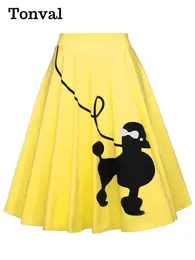 التنانير Tonval Pin Up 50s Cute Dog Print Vintage Yellow High Hights Tirts Womens Cotton A Line Knee Trail Swing Skirt