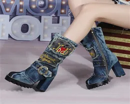 Сапоги с вышивкой, зимние теплые женские туфли на массивном высоком каблуке, Botas Mujer, на платформе, джинсовые ботинки с ремешком, джинсовая обувь, женские большие размеры 425934965