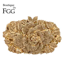 Boutique De FGG Women Gold Flower Clutch Evening Minaudiere Bags Bridal Wedding Handbags Formal Party Rhinestones Floral Purses 231220