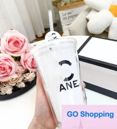 Fashion Internet Celebrity Plastic Cup Glitter Cold Drink Juice Cup Transparent Tape Flat Lid Double-Layer Cup with Straw Wholesale