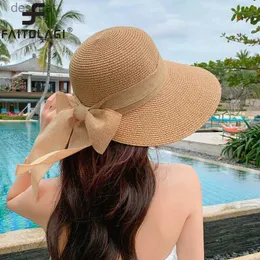 Breite Krempelnhüte Bucket Hats Big Bowknot Summer Strohhut für Frauen Lady Wide Rand Foldable Retro Farbe Sonnenschutz Panama Cap Outdoor Beach Tour Visors Hatsl231221