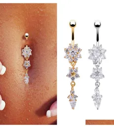 Sexy Dangle Belly Bars Button Rings Piercing Cz Crystal Flower Body Jewelry Drop Drop Mya30222506