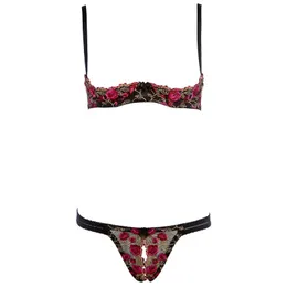 Set Lingerie da donna Set Ricamo squisito Reggiseno aperto esotico Crotchless Perizoma Tentazione sexy Biancheria intima Costumi sexy Reggiseno aperto Y190601