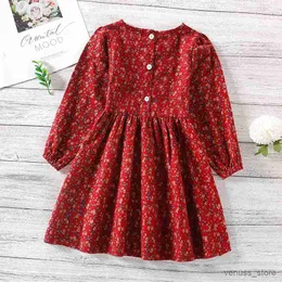 Girl's Dresses Girls Ditsy Floral Print Fornt Lace Patch Dress Spring Autumn Baby Kids O-neck Long Sleeve Back Zipper A-line Boho Vintage Dress