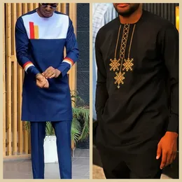 African Men's Clothing Men's Suit Two-Piece Pants Set Round Neck Stitching Solid Color Long Sleeves Festival Social Ethnic Style 231220