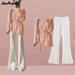 Frauen stricken Pullover Tops Wide Leghose 1 oder zweiteilige Set Frühling Herbst Lady Grapeful Pink Pullover Hosen Outfits 2024 231220