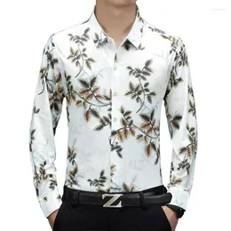 Мужские повседневные рубашки, весенне-осенняя рубашка с принтом листьев, модная приталенная мужская деловая офисная блузка с длинным рукавом, повседневная ночная клубная рубашка