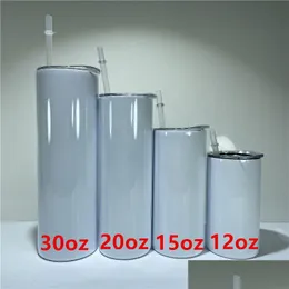 Tumblers 30 oz 20oz 15 oz 12 oz süblimasyon sıska düz tumbler beyaz boş paslanmaz çelik su şişeleri çift Isıtılı ısı transf dhlsf