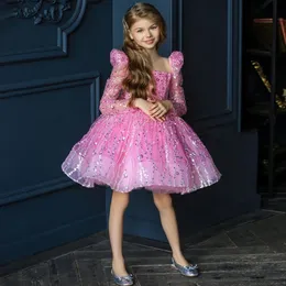 2024 inchado brilhante lantejoulas rosa vestidos da menina de flor para o casamento princesa mangas compridas festa pageant primeira comunhão vestidos para criança