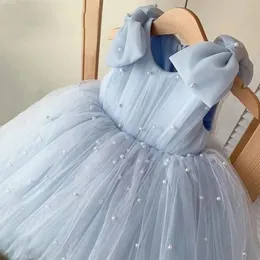 Lindo brillante perlas rebordear sin mangas vestidos de niña de flores para boda 2024 hinchado tul fiesta de bebé vestidos de primera comunión con arcos