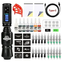 Máquina de tatuagem sem fio kit completo rotaty velocidade ajustável rca bateria caneta conjunto com 20 cartuchos agulha para arte corporal 231220