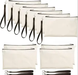 50pcs Cosmetic Bags DIY Canvas Plain Large Capacity Long Pencil Bags With Wrist Beige Black