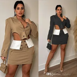 Sexy Frauen Rock Set Mode zweiteilig Kleid Langarmknopf unregelmäßige Blazer Top draped Out Bodycon Miniröcke Anzug 2 Stück Sets Outfits