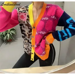 Loribindwood Korean Version of The V-neck Pattern Color-blocking Knitted Cardigan Jacket Sweater Classic All-match 231220