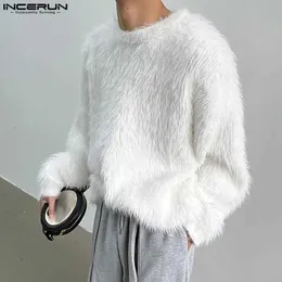 Herrtröjor incerun topps 2023 koreansk stil nya män lös imitation plysch tyg pullover casual fashionabla fasta långärmade tröja s-5xl j231220