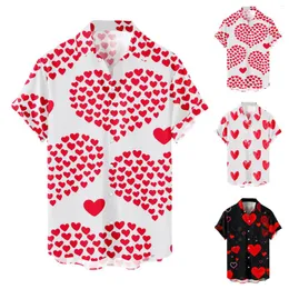 남자 T 셔츠 하트 러브 점 프린트 인쇄 남자 셔츠 여름 짧은 슬리브 블라우스 버튼 흰색 발렌타인 데이 옷 파티 소셜 드레스