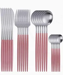 Stålkärl Kök Babelformat Rostfritt stål Cutlery Set Matt Pink Silver Middag Set Spoon Fork Knivmiddag Set Y07024372278