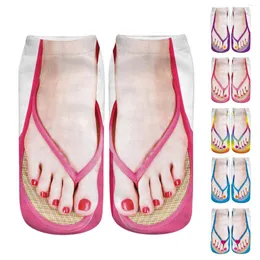 Women Socks 3D Mönster Manicure Print Flip Flop Funny Hidden Running Low Cut Ankel Suit 5pc