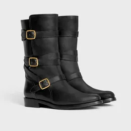 Cowskin Boots Designers Shoes Full Grain Leather Classic Elements装飾的なバックルレディースブーティー最高品質の低いかかと靴35-41ボックスデザイナーブーツ