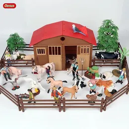 Oenux Zoo Farm House Model Action Figures Farmer Cow Hen Duck Poultry Animals Set Figurine Miniature Lovely Educational Kids Toy 231220