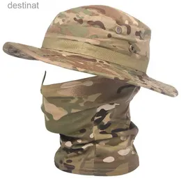 Wide Brim Hats Bucket Hats 2PCS/set Tactical Camouflage Bucket Hat Balaclava Summer Breathable Army Military Fishing Cap Dustproof Full Face Neck GaiterL231221