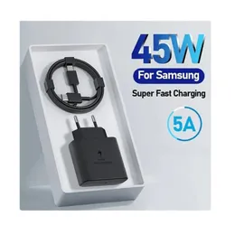 Carregador de parede super rápido PD USB-C de 45 W Adaptador de energia 5A CC para Samsung S21 S20 S22 S23 Utral Note 20 UK Plug carregador super rápido de parede USB C com caixa de cabo