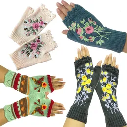 Quality Handmade Knitted Women's Winter Gloves Autumn Flowers Fingerless Black Mittens Warm Woolen Embroidery 231220