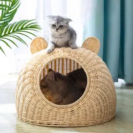 家具猫ベッド家具猫ベッド屋内モダン猫の隠れ家小屋レイタンハウスドームバスケットの洗える遊びの家ケージのおもちゃのペット