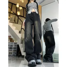 Jeans da donna neri a vita alta moda americana vintage streetwear Y2K gamba larga Jean pantaloni in denim femminile pantaloni larghi in denim 231220