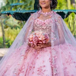 Светло-розовое блестящее бальное платье Quinceanera платья с накидкой16 вечерние блестящие кружевные аппликации платье принцессы Золушки 16 платья 15 de
