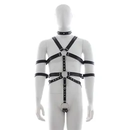 Uomini Punk Rivetto Finimenti di pelle Corpo Bondage Cage Bustier Corsetto Sculptin Bretelle in pelle Bretelle Pantaloni Sexy Cintura maschile292z