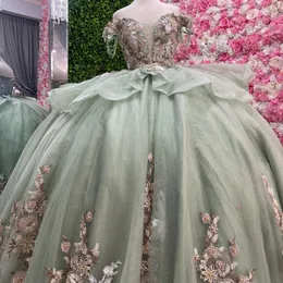 2024ライトグリーンキラキラクリスタルアップリケレースビーズQuinceanera Dresses Ball Gown Off Offer Offer