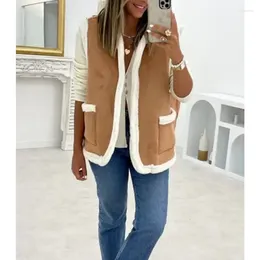 Kvinnors västar fleece ärmlösa västar beskurna vintage Waistcoat cardigan sherpa fodrad mocka faux päls slitna på båda sidor varm