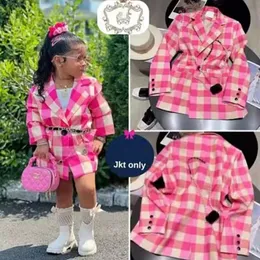 春秋の女の子ブレザーベイビーコートティーンエイジスーツジャケット子供子供服ピンクチェックポケットボタン3 14y 231221