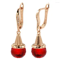 Kolczyki Dangle 585 Rose Gold Glass Ball Drop Deep Red Football Cut Blue Crystal Hang Ear Long Lady Party Niezwykła biżuteria