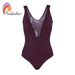 Tragen Sie Andzhelika Oring Riemchen Onepiece Badeanzug Frauen sexy Mesh Vneck Solid Monokini 2022 Sommer Beach Badeanzüge Badeanzüge Badezusagen