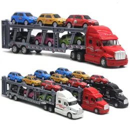 1 48 35 cm de caminhão Big American com 6pcs mini metal diecast carm modelo 64 Scale Toys Vehicles for Kids 231221