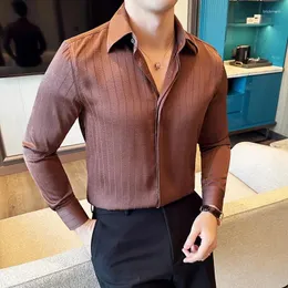 Chemises décontractées pour hommes Luxe coréen rayé plissé pour haute qualité à manches longues Slim Fit Chemise formelle fête sociale Tuxedo 4XL-M