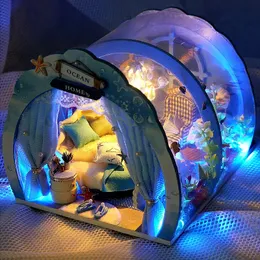 DIY Miniaturmöbel Ocean Room Kit Puppenhaus mit Licht Fisch montiert 3D-Modell Casa Puppenhaus für Kinder Erwachsene Geschenke 231220