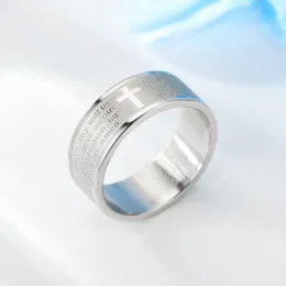 8mm 14k الذهب الأبيض الحروف الإنجليزية اللوردات صلاة الخاتم خاتم الكتاب المقدس حلقات الصليب للنساء الرجال يسوع المجوهرات المسيحية