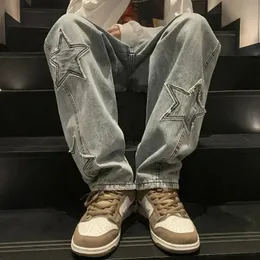 Y2K Vintage Men Korean Blue Streetwear Oversize Star Eesthetic Proste Spodle szerokie nogi dżinsy z bzdurami dżinsowe ubrania spodni 231220