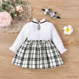 Girl's Dresses Baby Girl 3-36 månader Ruffle Collar Plaid Elegant Long Sleeve Dress med Bow Headscarf