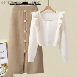 Two Piece Dress Women's French Spring Autumn Suit Fashion Elegant Pearl Ruffle Beaded Sweater Top Knitted Shirt Split Half Skirt Two Piece Sets L231221