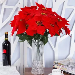 Fiori decorativi 5 pezzi di fiori di Natale artificiali di Natale con stelo 7 teste a strati foglie verdi Decorazione finta per feste di nozze