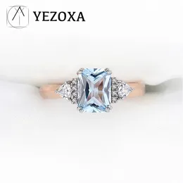 YezoxA 1CT Genuine Sky Blue Topázio 925 Sterling Silver 14k Placamento de ouro rosa 3 anel de pedra para mulheres tamanho 5 6 7 8 9 231221