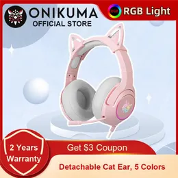 Headphones ONIKUMA K9 Pink Cat Ear Headphones with RGB LED Light Flexible Mic Gaming Headset 7.1 Surround Computer Earphones for PC Gamer